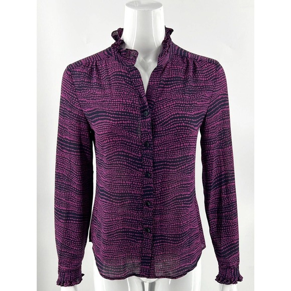 Tavora Top Size 4 Navy Black Purple Printed Sheer Button Up Ruffle Neck Blouse - Picture 1 of 6